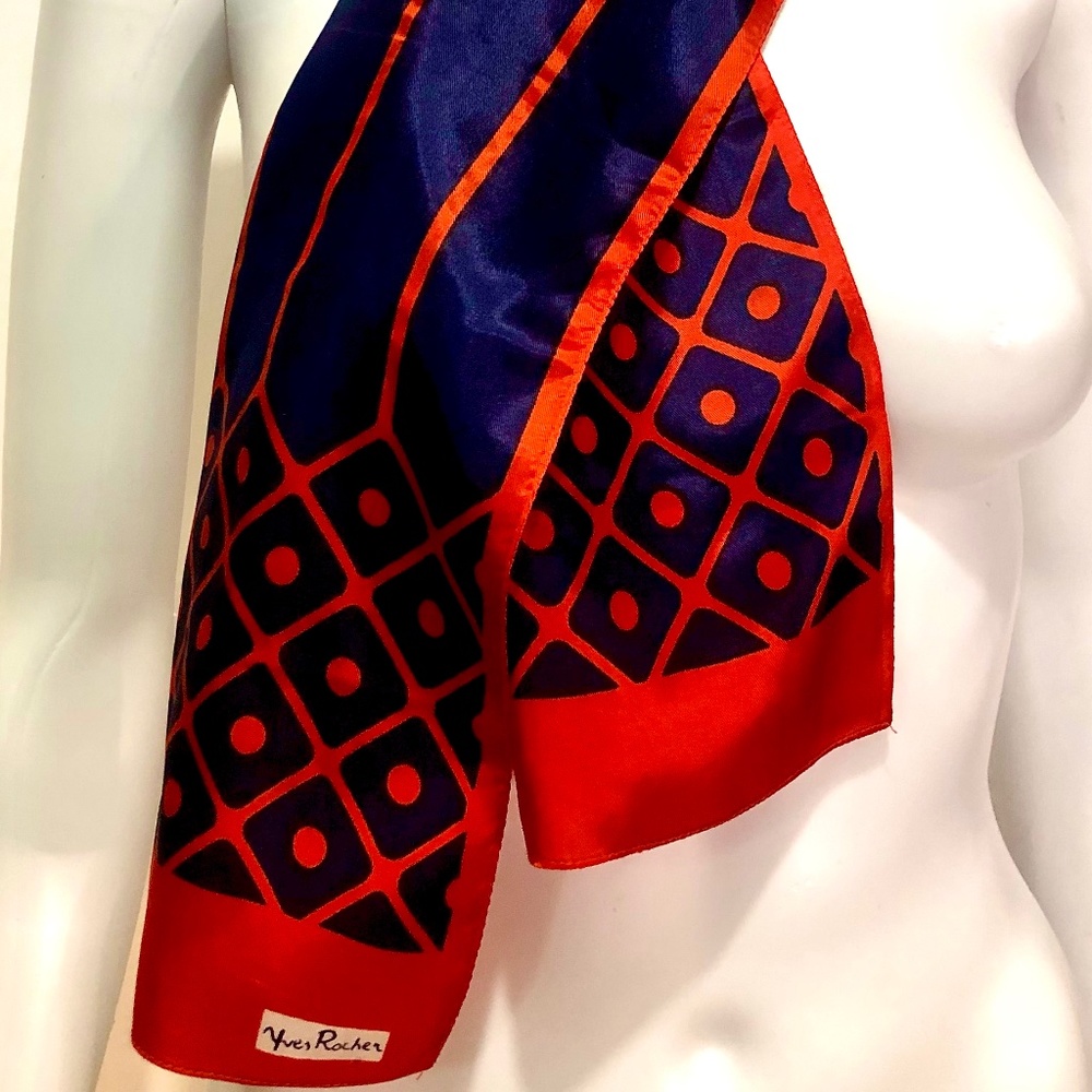 Vintage Yves Rocher Red And Navy Scarf, 7.5 X 44